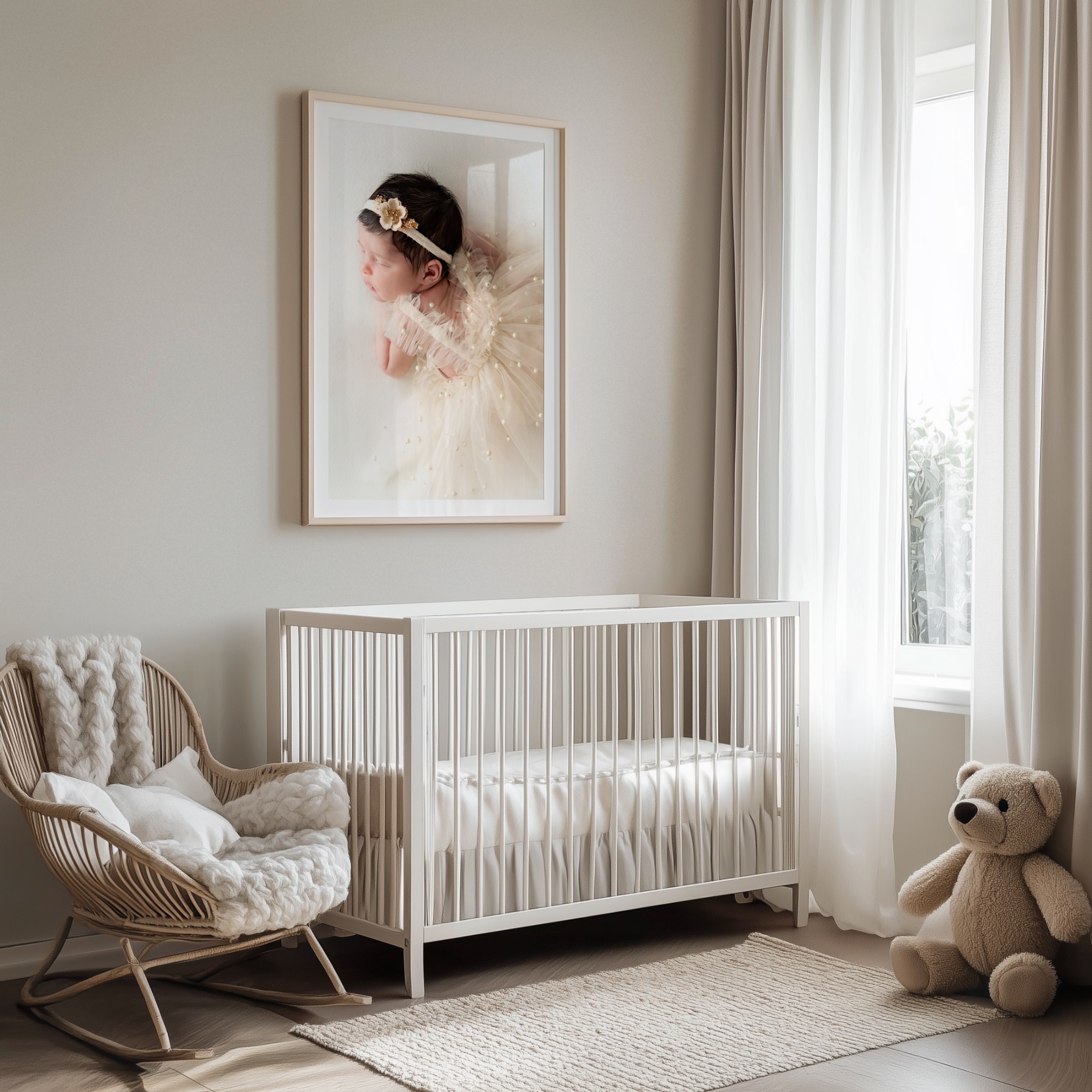 Custom framed newborn wall art photographed in a nursery by a Glen Mills, PA newborn photographer