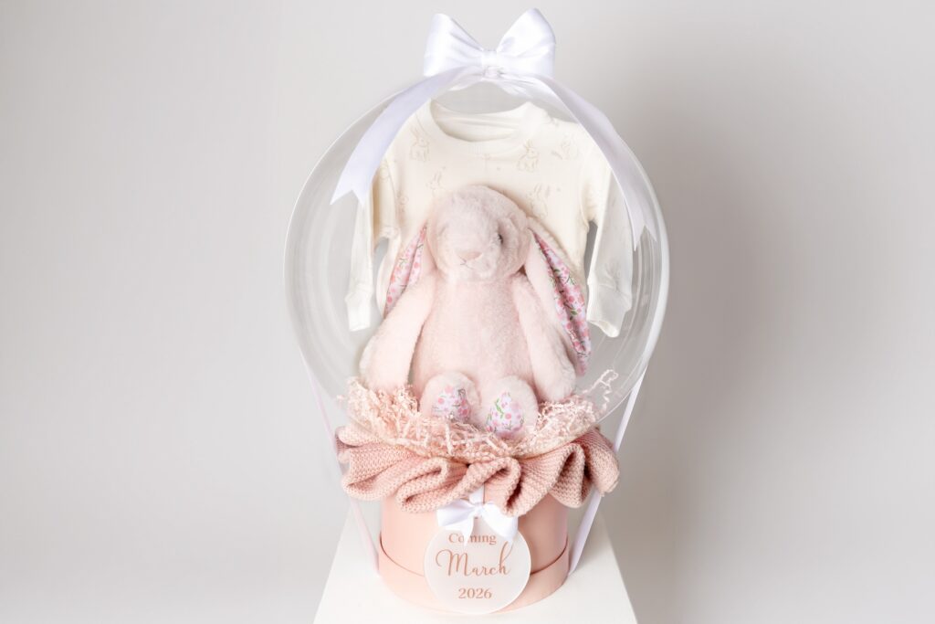 New baby personalized balloon gift with plush bunny and baby outfit inside luxury clear balloon gift box, Main Line, PA
