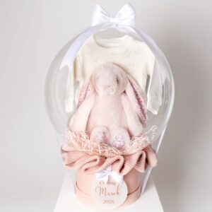 New baby personalized balloon gift with plush bunny and baby outfit inside luxury clear balloon gift box, Main Line, PA