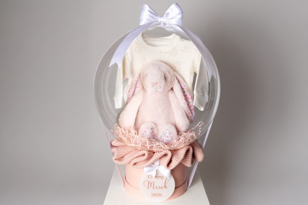 Newborn balloon gift basket with stuffed bunny at Jamie Englert Photography, Glen Mills, PA.
